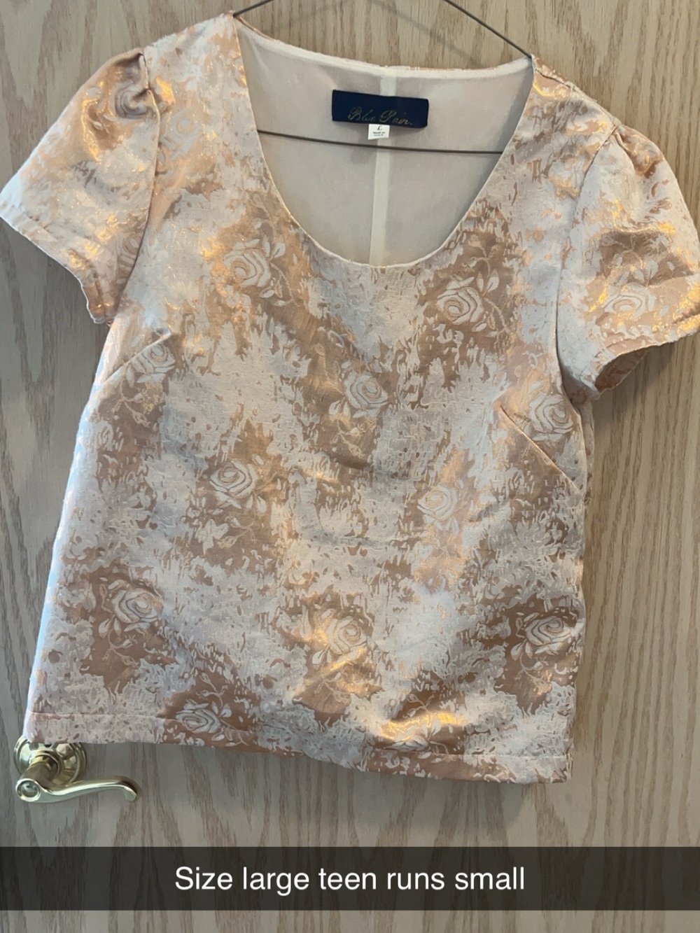 Blue Rain Metallic Rose-Print Puff Sleeve Top in Blush and Gold